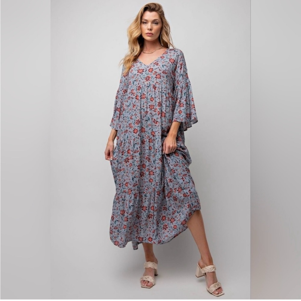 Easel Blue Floral Boho Maxi Sundress with Bell Sleeves Size S